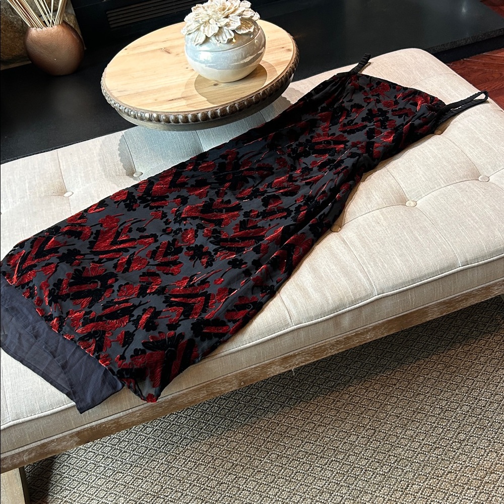 Silk Road 100% Silk Maroon Velvet Black Sheer Floral Double Layered Maxi Dress
